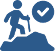 Icon of a hiker on at least somewhat of an inclined surface with a circle with a checkmark by the hiker