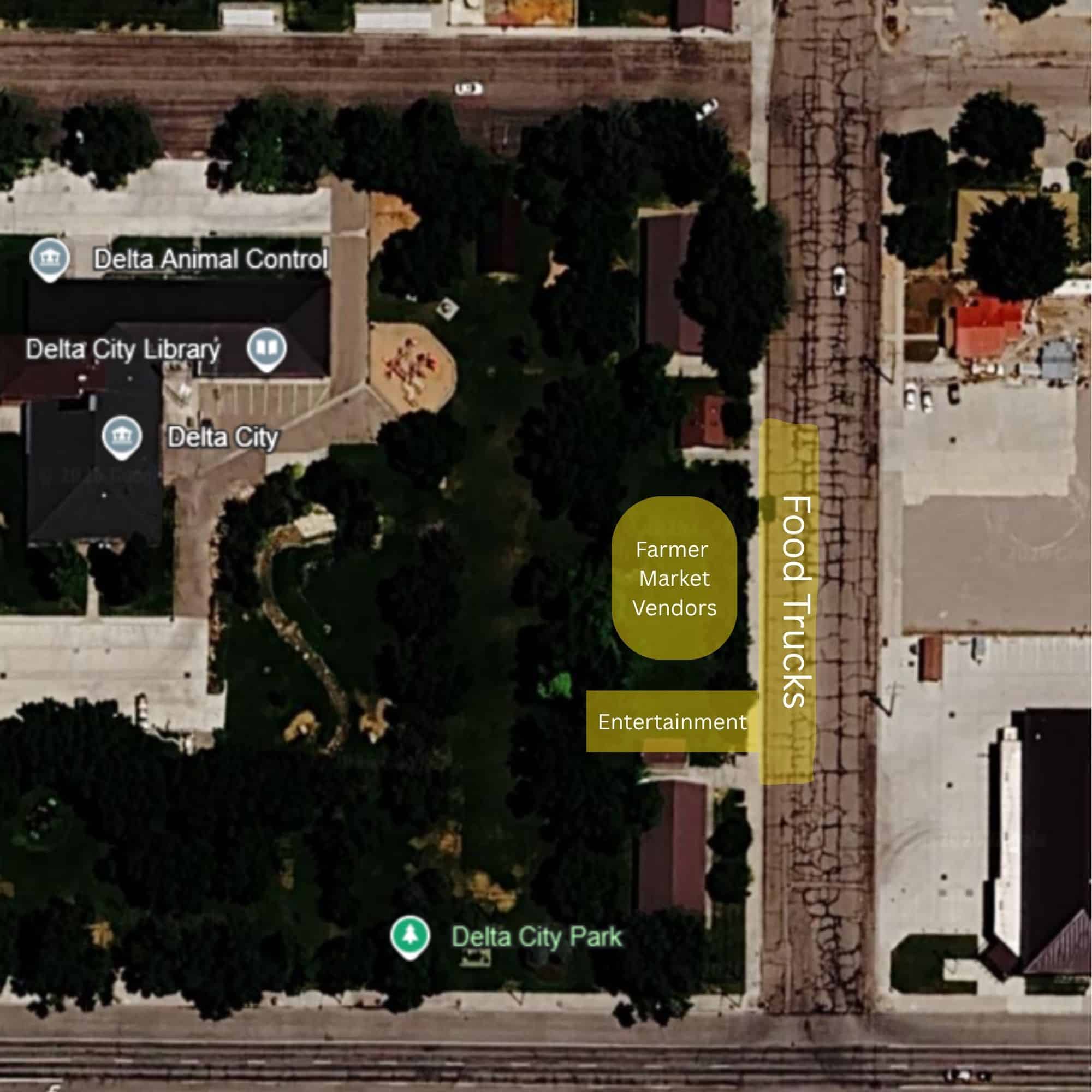Map of Delta Market on Main, highlighting vendors, entertainment, and food trucks