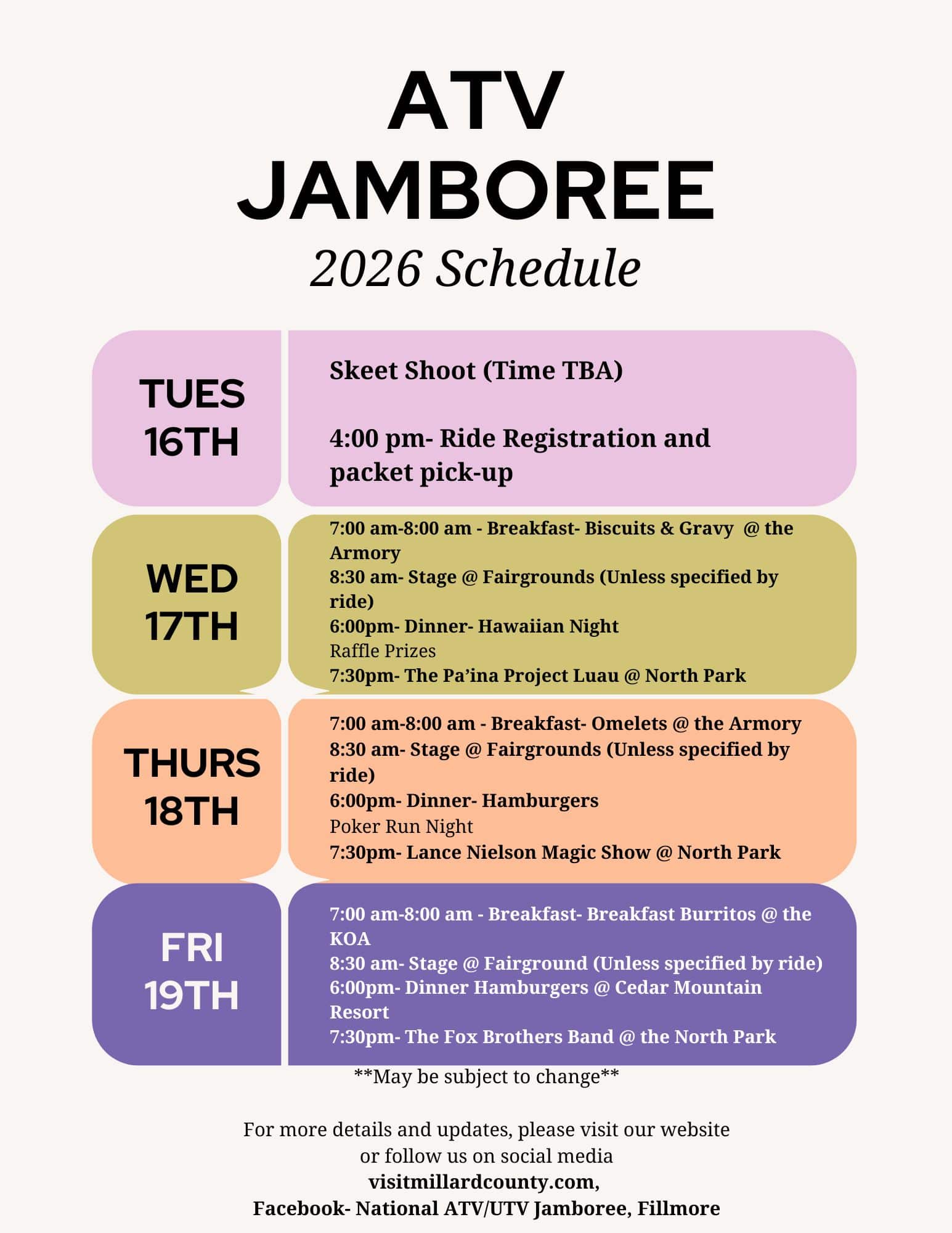 ATV/UTV Jamboree Week Schedule